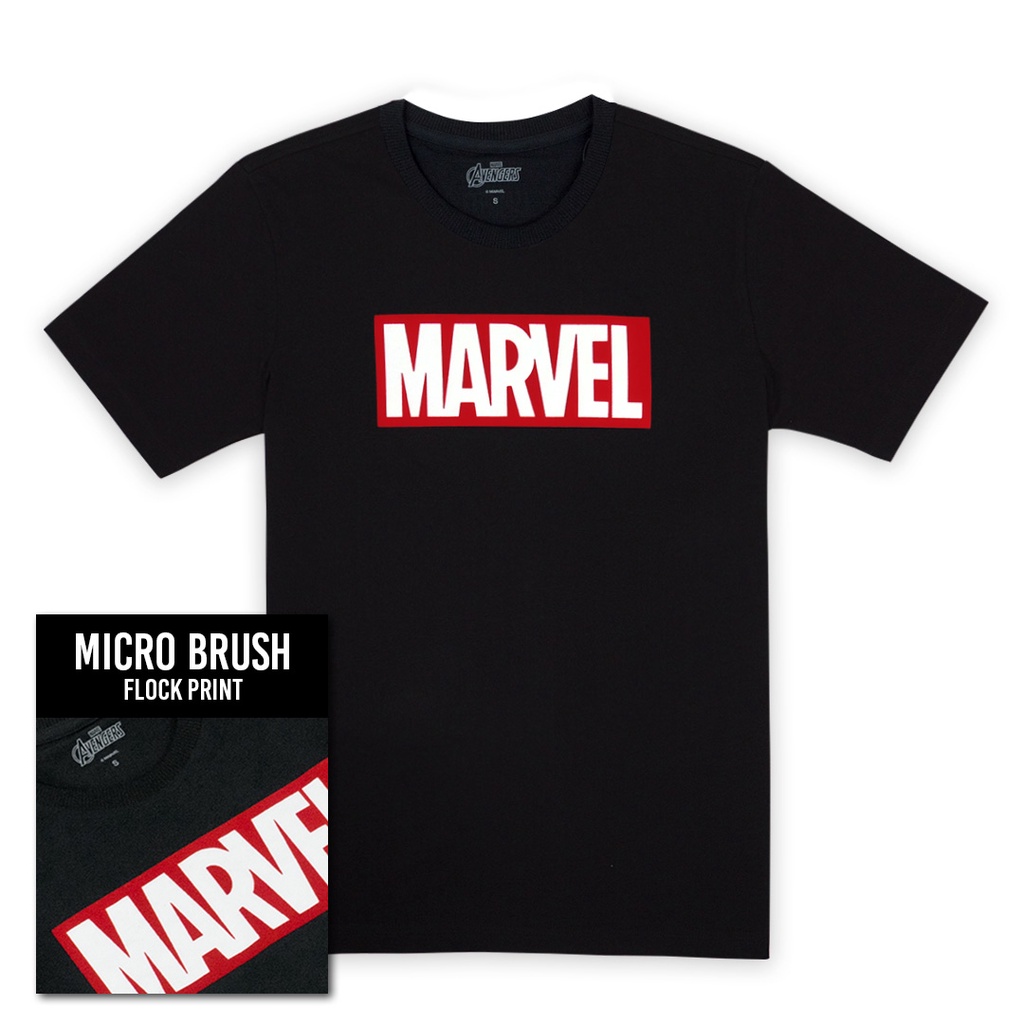 เสื้อยืดผ้าฝ้ายพิมพ์ลายขายดี-marvel-men-logo-flock-print-t-shirt-เสื้อมาร์เวลผู้ชายพิมพ์กำมะหยี่-ผ้าไมโครบรัช-สินค้าลิ