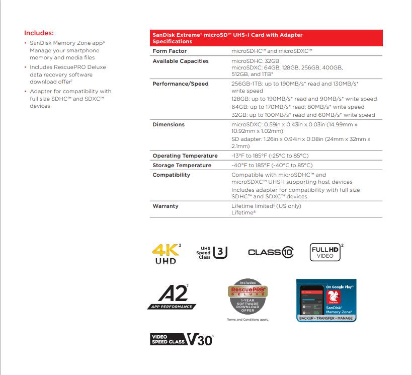 ข้อมูลเพิ่มเติมของ SanDisk EXTREME micro SDXC UHS-I A2 256GB (SDSQXAV-256G-GN6MN) reads 190MB/s writes 130MB/s