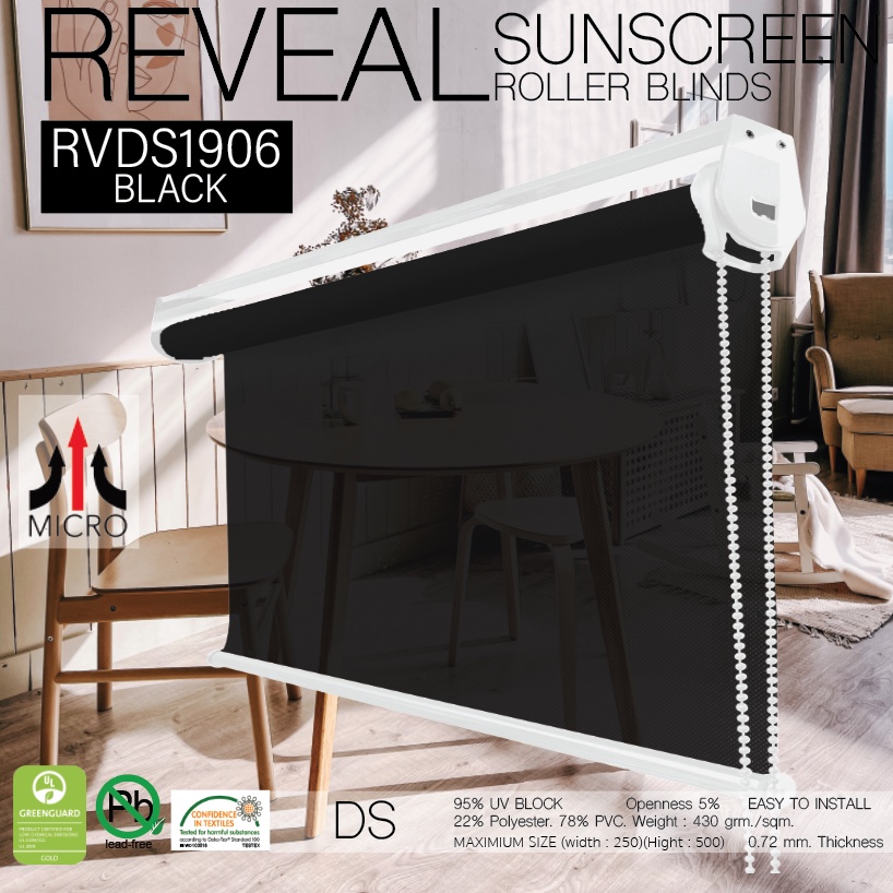 rvds1906-ม่านม้วนผ้า-sunscreen-สีดำ-กรองแสงมองทะลุ-95-และความร้อน-เนื้อผ้าป้องกันฝุ่นละออง-และความชื้น