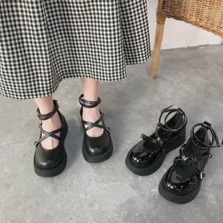 รองเท้าผู้หญิง รองเท้าหนังหัวเข็มขัด แฟชั่น 💛 สไตล์อังกฤษ สีดำ แพลตฟอร์มโลลิต้า แมรี่ เจน