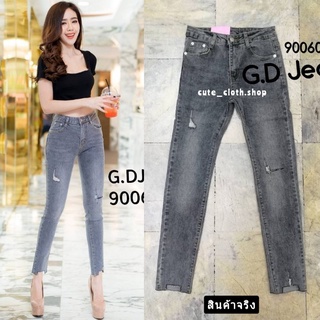 90060 G.D Jeans กางเกงยีนส์ขายาวผ้ายืด สีดำฟอกแปะผ้า