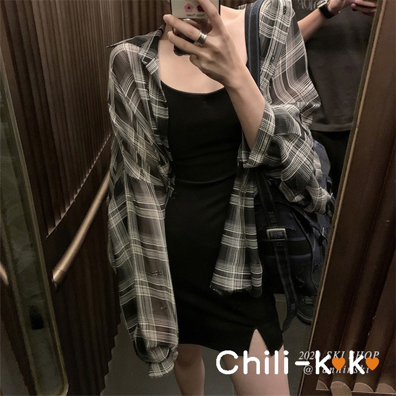 chili-k-k-เสื้อเชิ้ตลายสก๊อต-แขนยาว-เนื้อชีฟองแบบย่น-สไตล์เกาหลี-5539