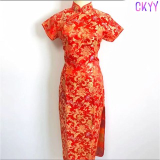 ﻿CKYY ชุดจีนชุด cheongsam แขนสั้นสีแดงลายดอกไม้ตัดจีน รุ่น ผลิตภัณฑ์ใหม่ล่าสุด
