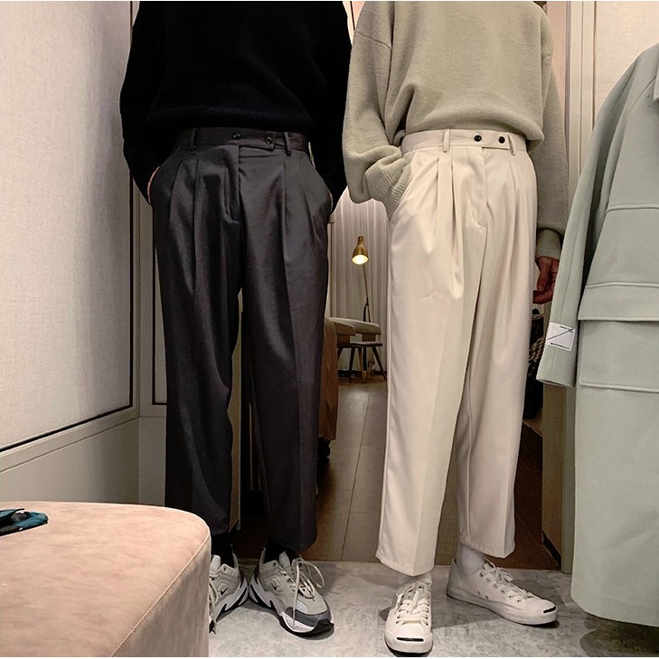 พร้อมส่ง-4-สี-กางเกงลำลองผู้ชาย-สไตล์เกาหลี-กางเกงทรงกระบอกเล็ก-จีบหน้า-ทรงสวยมากๆ-กางเกงสแลค-ผ้าใส่สบาย-m12