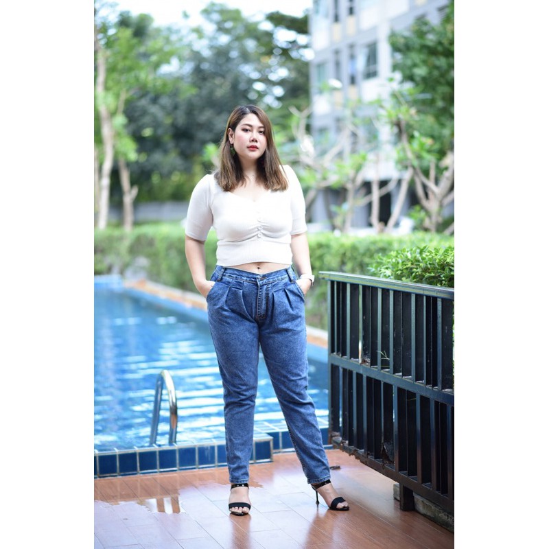 plus-size-เอว34-44-กางเกงยีนส์เอวสูง-ทรงขนมจีบ-ขายาว-ถักเปียกระเป๋า2-ข้าง