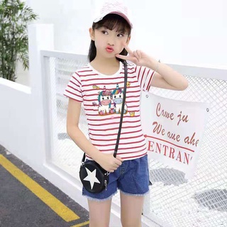 พร้อมส่ง เสื้อยืดเด็กเ สื้อผ้าเด็กผู้หญิงสีชมพูลายทางคอกลมแขนสั้นผ้าคอตตอนมีลายแบบน่ารักน่าใส่