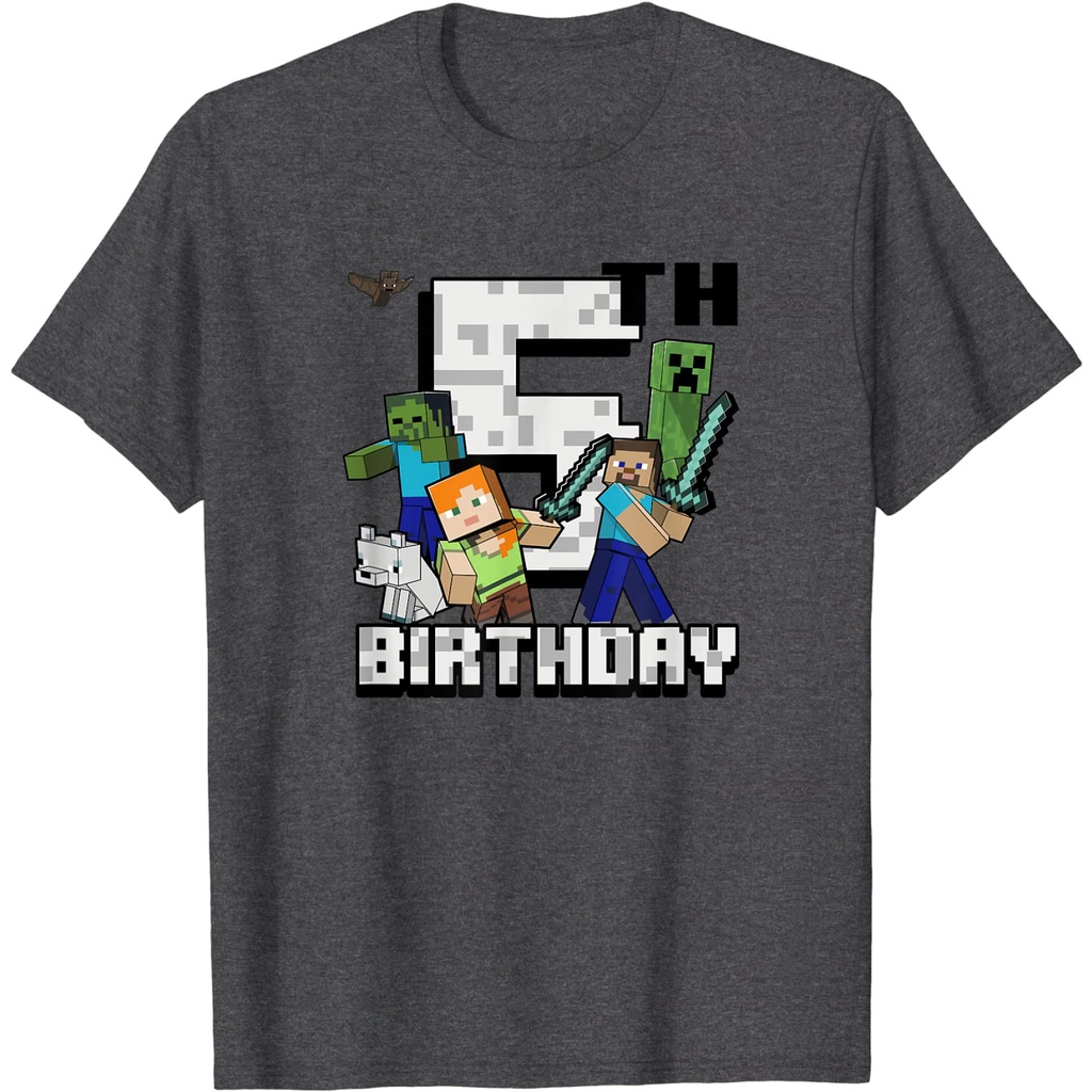 เสื้อยืดผ้าฝ้ายพรีเมี่ยม-เสื้อยืด-พิมพ์ลาย-minecraft-group-shot-happy-5th-birthday
