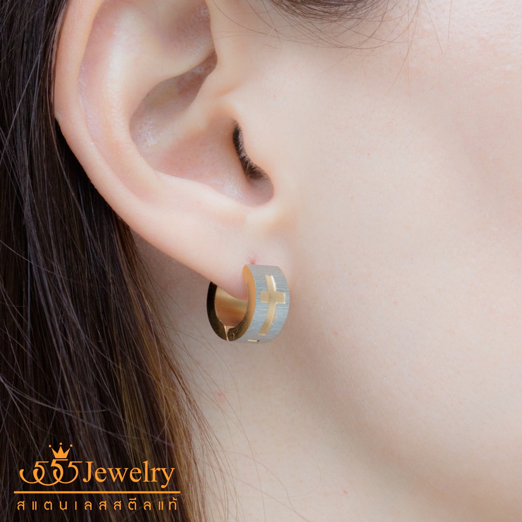 555jewelry-ต่างหูห่วงสแตนเลส-สตีล-รูปไม้กางเขน-ผิว-hairline-รุ่น-mnc-er922-ต่างหูสวยๆ-ต่างหูแฟชั่นสวยๆ-er20