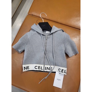 เสื้อผู้หญิงแบรนด์ Celine รุ่น  Zip-Up Crop Top in Athletic Knit สีเทา Gray/Off White ขนาด Size L