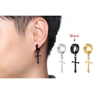 ต่างหู ไม่ต้องเจาะหู ตุ้มหู จิว ไม้กางเขน | N-H. CROSS| Cross Huggie Stud Earrings Men Stainless Steel Jewelry- 1 ชิ้น