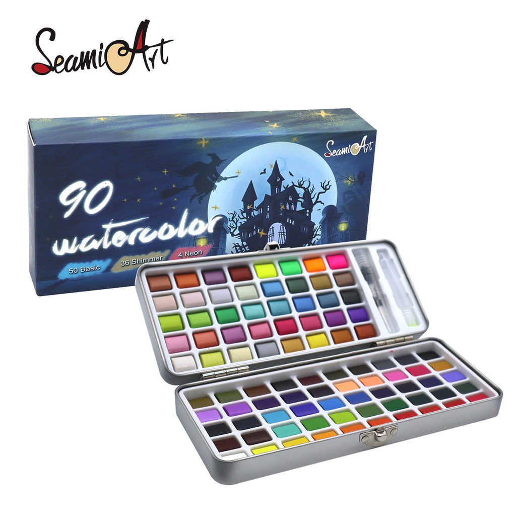 ภาพหน้าปกสินค้าSeamiArt ชุดสีน้ำ 90 สี พร้อมกล่องดีบุก และพู่กัน 1 ชิ้น