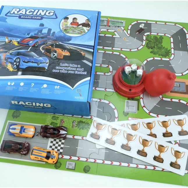 racing-board-game-2-in-1-พร้อมเครื่องทอยลูกเต๋าอัตโนมัติ-บอร์ดเกมแข่งรถ-รถแข่ง-บันไดงู-เกมส์กระดาน