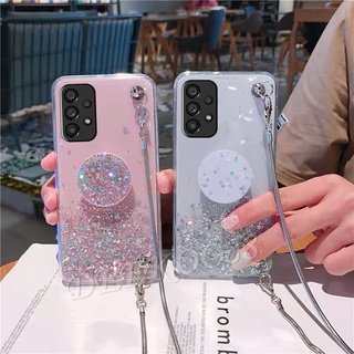 เคสโทรศัพท์มือถือ Samsung Galaxy A53 A33 A52S A52 A32 A22 A12 A02 M52 M32 M12 M02 4G 5G 2022 Handphone Casing with Chain Neck Strap Rope + Stand Holder Phone Cell Case Glitter Star Soft Back Cover เคสโทรศัพท์ GalaxyA53 GalaxyA33