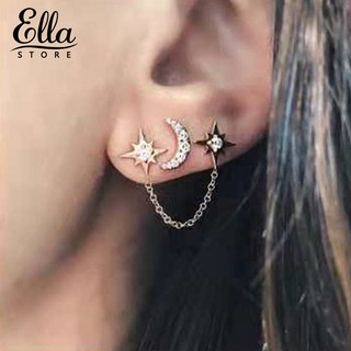 ella เครื่องประดับต่างหูแบบติดหูรูปดวงจันทร์และดาว 2 ชิ้น/ชุด