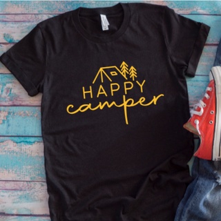 เสื้อยืดผ้าฝ้ายพิมพ์ลายขายดี เสื้อยืด ผ้าฝ้าย พิมพ์ลาย Happy Camper สีดํา สไตล์สตรีท Diy