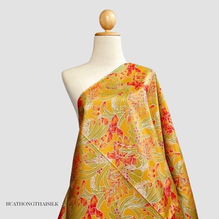 BATIK FLORAL DESIGN PRINTED THAI SILK FABRIC - ผ้าไหม ไทยแท้ พิมพ์ลาย ลวดลาย ดอกไม้ บาติก ธรรมชาติ