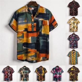 Summer Shirt Men Retro Fashion Hawaii  Floral Printed Large Size Short Sleeve Linen Casual Beach Streetwear Holiday Par