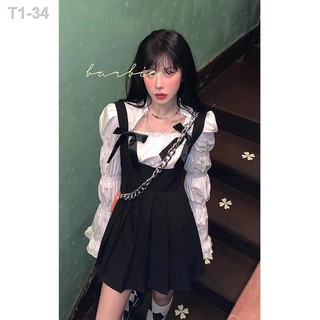 ❉◕✑แฟชั่นชุดฤดูใบไม้ผลิและฤดูใบไม้ร่วงหญิงอเมริกันชุดสาวร้อนสายรัดกระโปรงจีบ + แขนฟองแขนยาวด้านบน 2 ชิ้น
