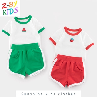 2021 เสื้อยืดคอกลมแขนสั้นกางเกงขาสั้นผ้าฝ้ายลายการ์ตูนสําหรับเด็ก 2-8 ปี