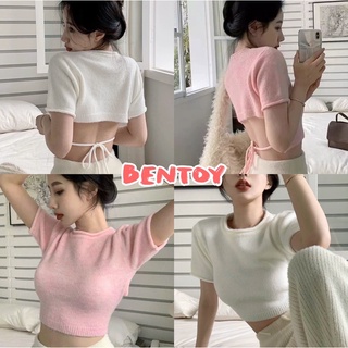 Bentoy(V080)เสื้อครอปไหมพรมขนๆ แขนสั้น คอกลม ดีเทลสายผูกเอว ว้าวหลัง