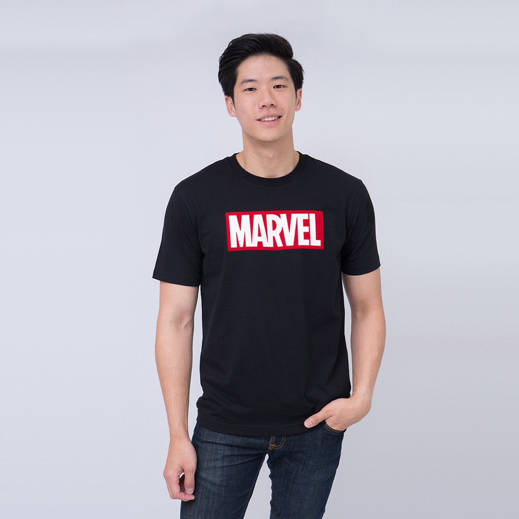 marvel-men-logo-t-shirt-flock-print-เสื้อมาร์เวลผู้ชายพิมพ์กำมะหยี่-characters-studio-oversize
