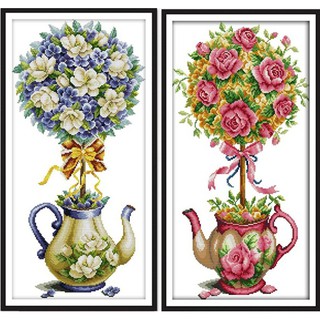 *พร้อมส่ง*ชุดปักครอสติช ดอกไม้ในกาน้ำชา (Bouquet teapot Cross stitch kit)