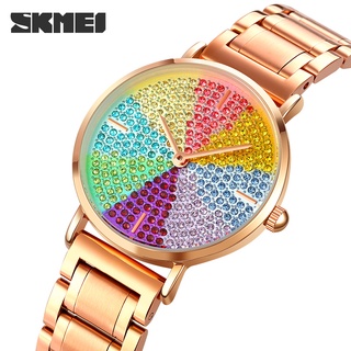 Skmei นาฬิกาข้อมือควอตซ์แฟชั่น กันน้ํา หน้าปัดประดับเพชรเทียม หลากสีสัน สําหรับสตรี