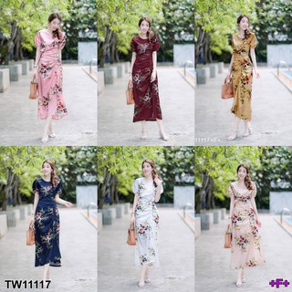 PE11117 Maxi Dress เดรสยาวลายดอกกุหลาบ ดีเทลแต่งผ้าระบายด้านหน้า มีโบว์ผูกรูดๆ