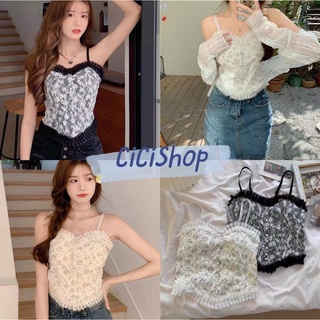 Cicishop(6688)สายเดี่ยวแต่งลูกไม้ ดีเทลแต่งมุกตรงกลาง สม็อดคหลัง มีฟองน้ำเสริม