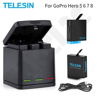 TELESIN สำหรับ Hero 8 Black 3 ช่องเครื่องชาร์จแบตเตอรี่ LED กล่องเก็บของสำหรับ GoPro Hero 8 7 6 5 อุปกรณ์เสริมสำหรับกล้องสีดำ