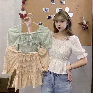 Spring and summer new sweet small fresh waist slimming square neck puff sleeve floral pleated short-sleeved shirt women