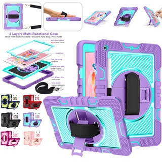 Shockproof Kids Case iPad mini 4 5 6 iPad 5th/6th Gen 9.7 inch 2017/2018 iPad Air 4 10.9 2020 iPad Pro 11 2018/2020/2021 iPad 7th/8th Gen 10.2 2019/2020 360 Rotating Hand Strap 3 Layers Of Protective Silicone+Plastic Heavy Duty Rugged Tablet Case Cover