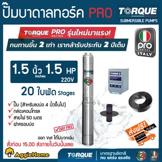 TORQUE (PRO2) ปั๊มบาดาล รุ่น TQ-SP-2BM20-4 (220V.) 1.5นิ้ว 1.5HP  20ใบ (สายไฟ 3x1.5+ฝาบ่อ1.5นิ้ว+กล่องคอนโทรล) บาดาล