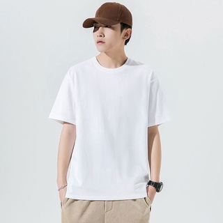 เสื้อยืดลําลอง คอกลม แขนสั้น ผ้าฝ้าย 100% ทรงหลวม สีพื้น สําหรับผู้ชาย