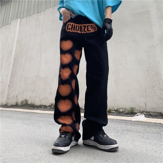 💗 กางเกง รัก Graffiti กางเกงยีนส์ ขนาดใหญ่ หลวม กางเกงขากระบอก