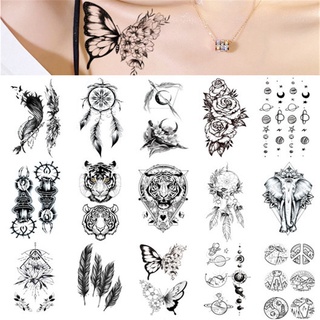 【Magic Tattoo】สติกเกอร์รอยสักชั่วคราว ลายตาข่ายดักฝัน ผีเสื้อ เสือ ขนนก กันน้ํา ติดทนนาน สีดํา