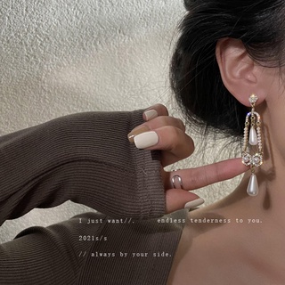 925 silver needle Korean version diamond-studded pearl earrings drop-shaped design long earrings temperament literary ea