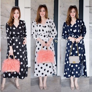 AK 10335 Maxi Dress #สาวอวบ เดรสคอวีไขว้อกแขนยาวทรงตุ๊กตามีเชือกผูกโบว์ที่เอว