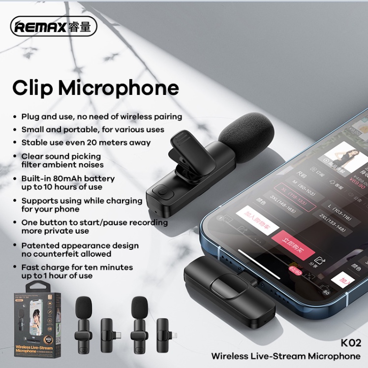 new-remax-k02-ไมโครโฟนไร้สาย-ip-type-c-ไมโครโฟนหนีบปกเสื้อ-wriless-live-stream-microphone-พร้อมส่ง