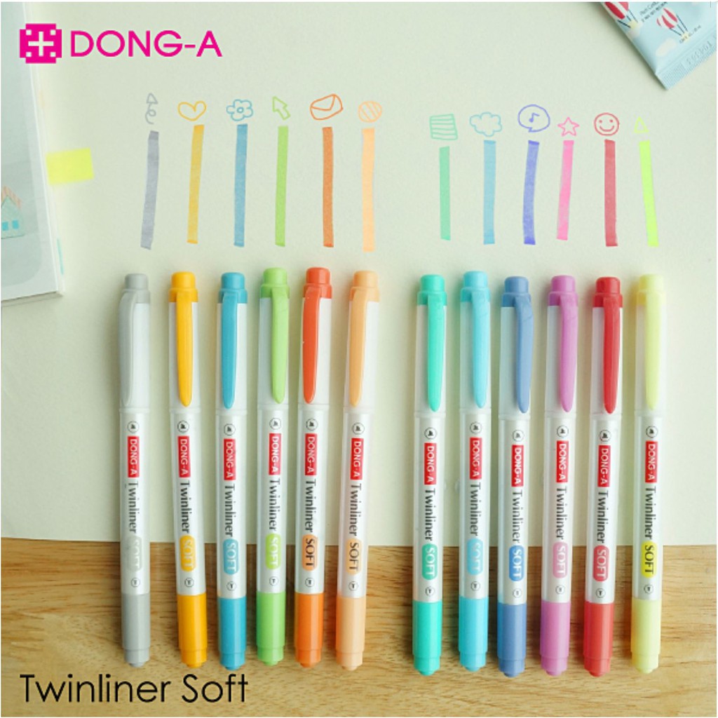 ราคาและรีวิวปากกาไฮไลท์สีพาสเทล Dong A Twinliner Soft Pastel