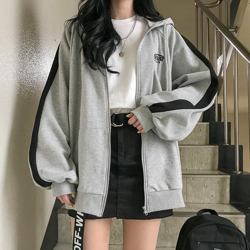2021-hotsaleเสื้อคลุมคาร์ดิแกน-เสื้อฮู้ด-ฮาราจูกุแฟชั่น-เสื้อคลุมสีเทาเสื้อฮู้ดผู้หญิงเกาหลี-เสื้อฮู้ดแขนยาวมีซิปผู้หญิง