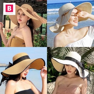 สินค้า BikiniFC🧸 SB149 หมวกชายหาด ปีกกว้าง กันแดด ผูกโบว์ มีสายรัด พับเก็บได้