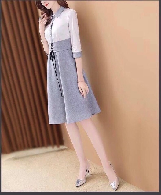 2muay-fashion-เดรสแฟชั่น-เดรสทำงาน-simple-shirt-dress-รุ่นffshirt-สีเทาขาว-size-m