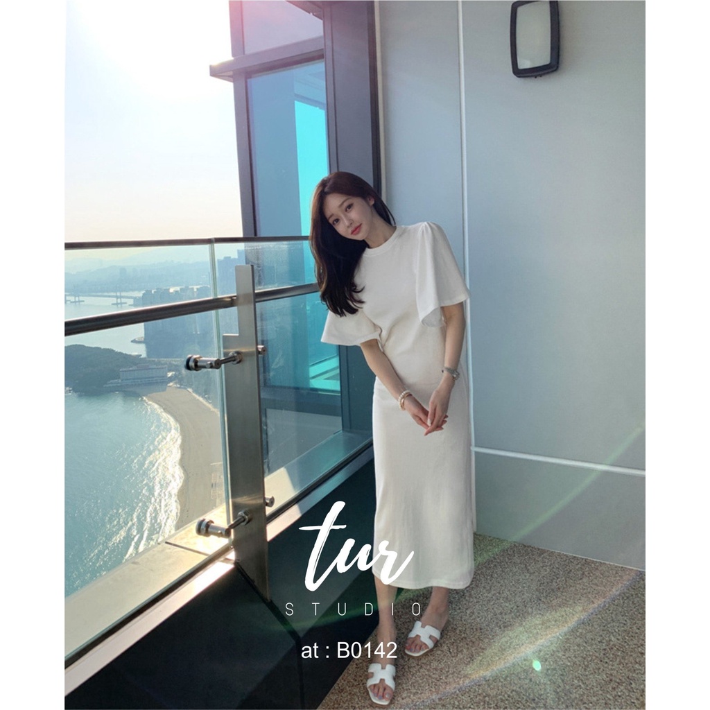 ชุดเดรสผ้ายืดสไตล์เกาหลี-แขนกระดิ่ง-ทรงเบสิค-เรียบง่าย