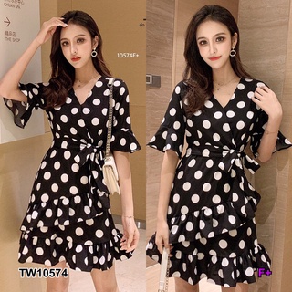 TW10574 Dress เดรสคอวี แขนศอกระบาย ผ้าโฟร์เวย์ลายจุดใหญ่ กระโปรงแต่งระบาย 2 ชั้น เอวยืดสม็อคหลัง มาพร้อมสายผูกเอว