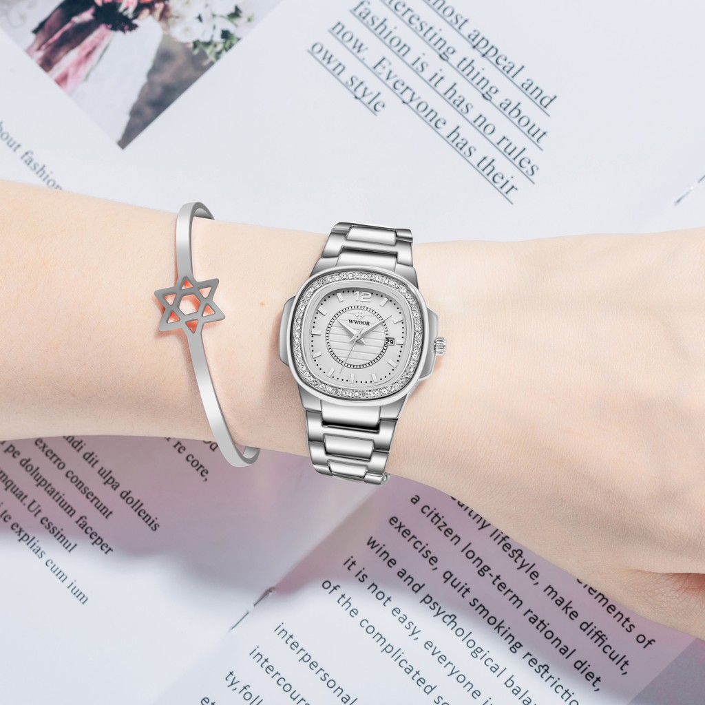 ภาพสินค้าWWOOR นาฬิกาข้อมือผู้หญิงแท้นาฬิกากันน้ำหรูสีชมพูนาฬิกาสายสแตนเลสสีโรสโกลด์ 8874 จากร้าน wwoor.th บน Shopee ภาพที่ 4