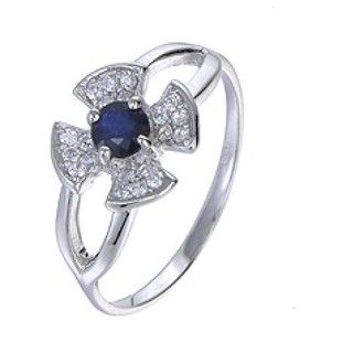 แหวนพลอยไพลินสีน้ำเงินเข้มประดับเพชรรัสเซียสีขาวแบบดอกไม้น่ารักใส่ติดนิ้วได้ตลอดเวลา เงินแท้ 925 GR1748