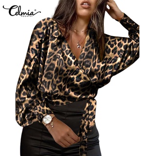Celmia เสื้อเชิ้ตแขนยาว คอวี ผ้าซาติน แต่งสายไขว้ แฟชั่นสําหรับสตรี