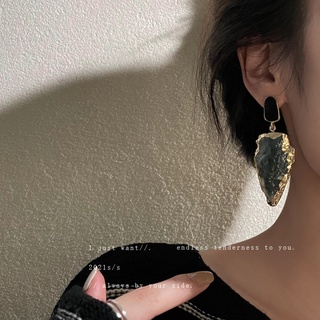 925 silver needle Japanese and Korean dark green earrings cold wind leaf-shaped metal edge earrings retro earrings for g