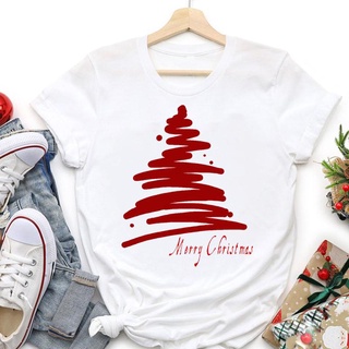 เสื้อยืดMerry Christmas Graphic T-shirts Women Clothes Tshirt Deer Short Sleeve Fashion Happy New Year Cartoon Top Femal